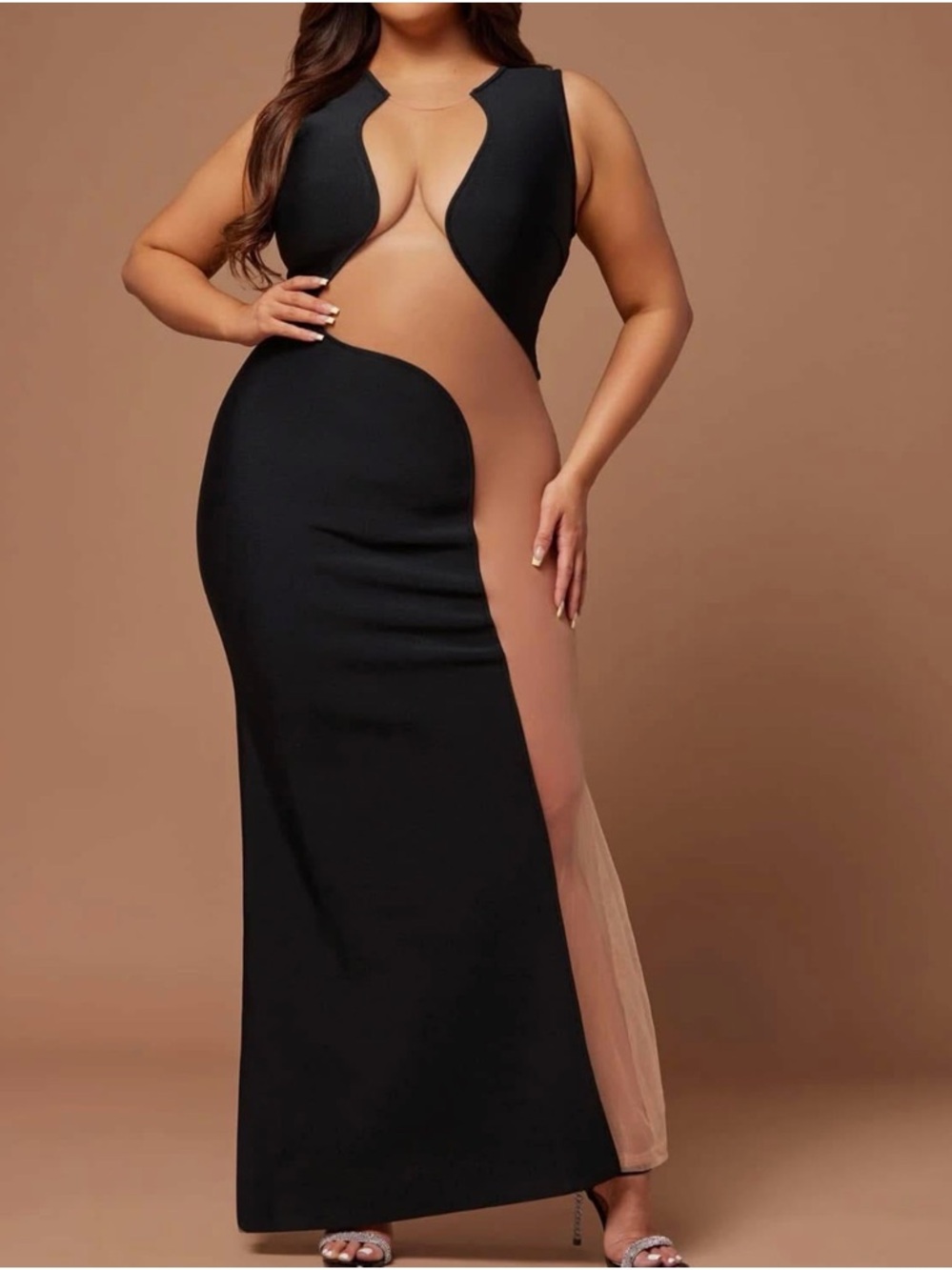 Plus Size Black & Nude Illusion Cutout Evening Dress